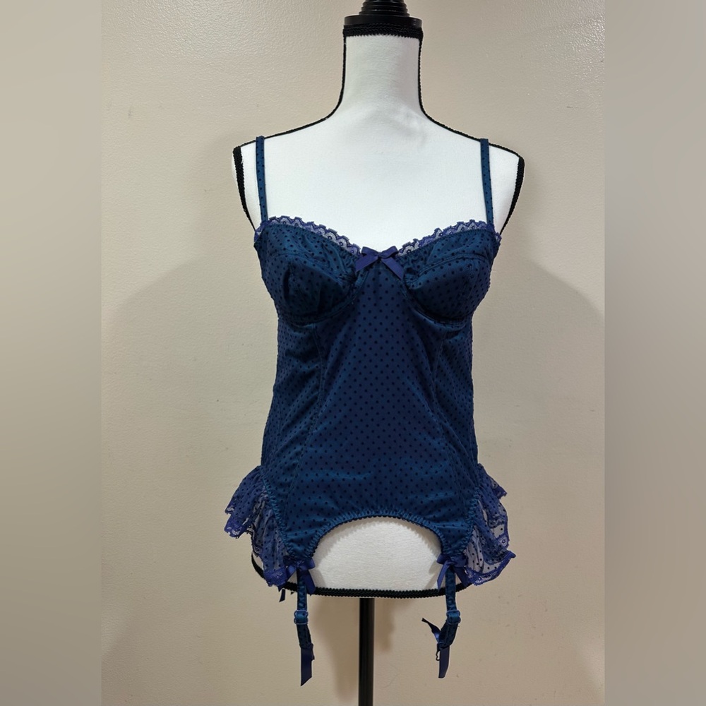 VTG Victoria's Secret Corset VS Sexy Little Things 36B Blue Dots Lingerie Teddy